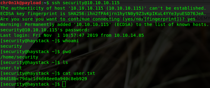 ssh command to the Haystack machine on Hack The Box